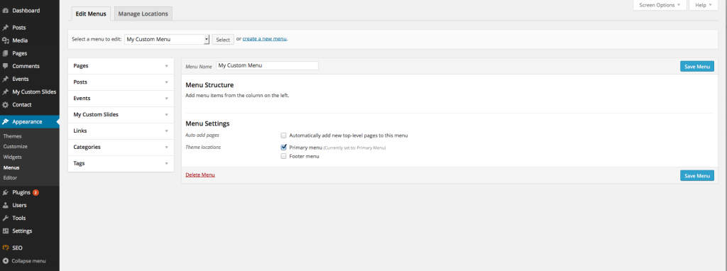 creating a wordpress menu